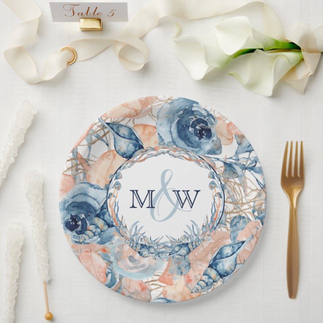 Assiettes En Carton Nautique Mariage Beach Sea Shell et Roses, (Mariage)