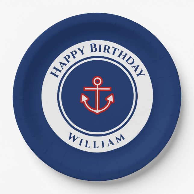 Assiettes En Carton Nautique Marine Bleu Rouge Blanc Anniversaire (Devant)