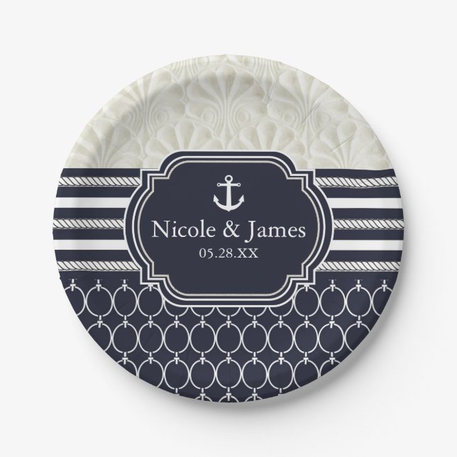 Assiettes En Carton Nautique Marine & White Elegant Beach Mariage (Devant)