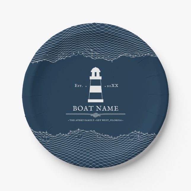 Assiettes En Carton Nautique Personnalisé phare bleu Nom du bateau (Devant)