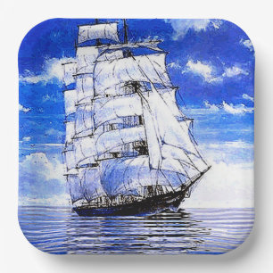 ASSIETTES EN CARTON NAVIRE À VOILE EN EAU BLEUE