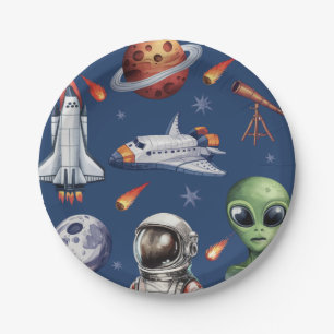 Assiettes En Carton Navire Fusée Moderne Espace Planète Anniversaire o