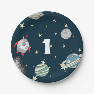 Assiettes En Carton Navire spatial et planètes Galaxie d'anniversaire