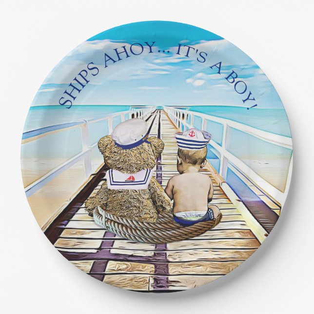 Assiettes En Carton Navires Ahoy, C'est un garçon, Baby shower nautiqu (Devant)