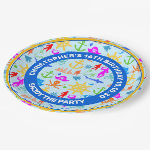 Assiettes En Carton Navires, Poissons, Pirates. Motif nautique coloré