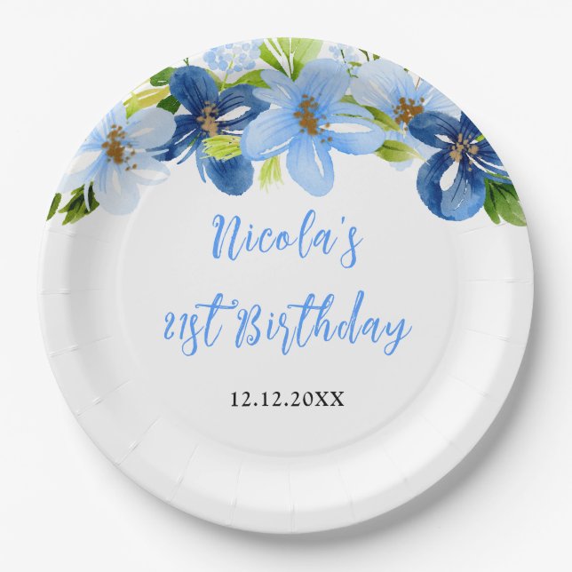 Assiettes En Carton Navy and Baby Blue Floral Birthday (Devant)