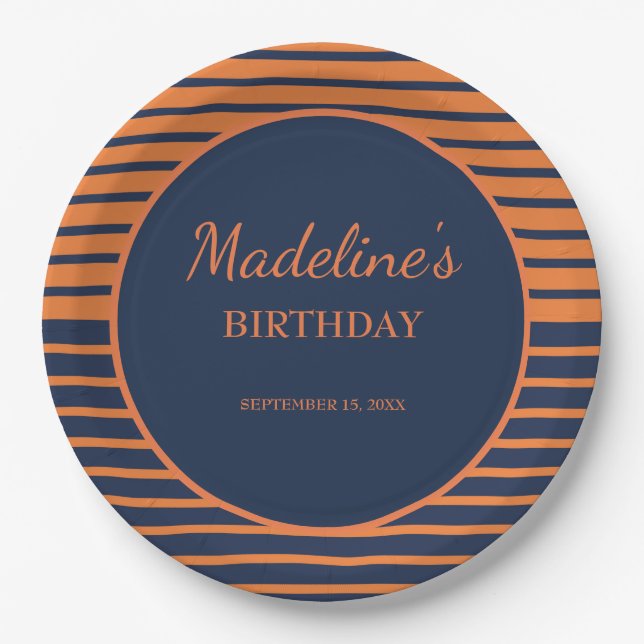 Assiettes En Carton Navy Blue Orange rayé fête d'anniversaire (Devant)