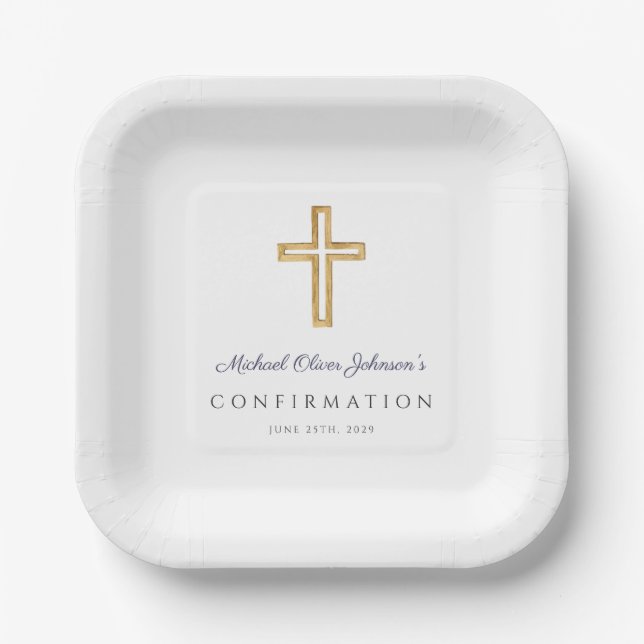 Assiettes En Carton Navy Blue Religious Cross Boy Confirmation (Recto)