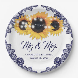 Assiettes En Carton Navy Blue Sunflower Floral Lace Wedding