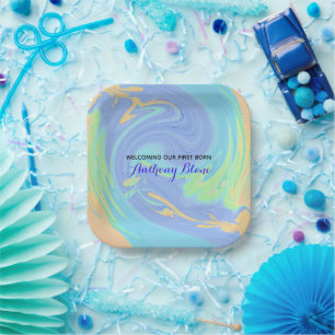 Assiettes En Carton Né d'accueil de pastel premier avec la photo