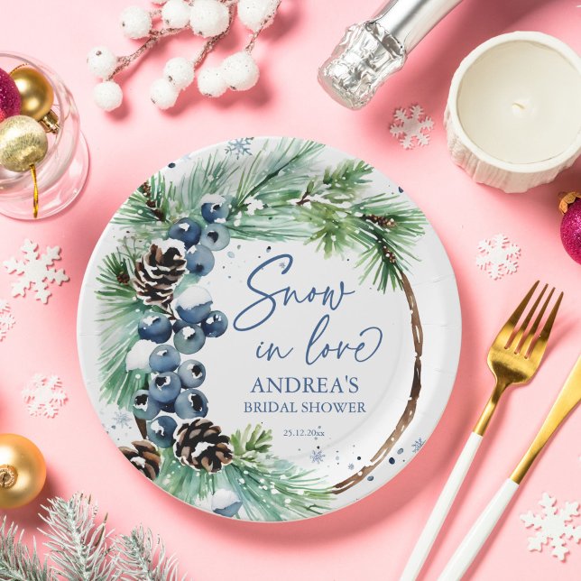Assiettes En Carton Neige amoureuse hiver nuptiale pins de douche wrea (Snow in love winter bridal shower tableware personalized paper plates watercolor pine wreath rustic)