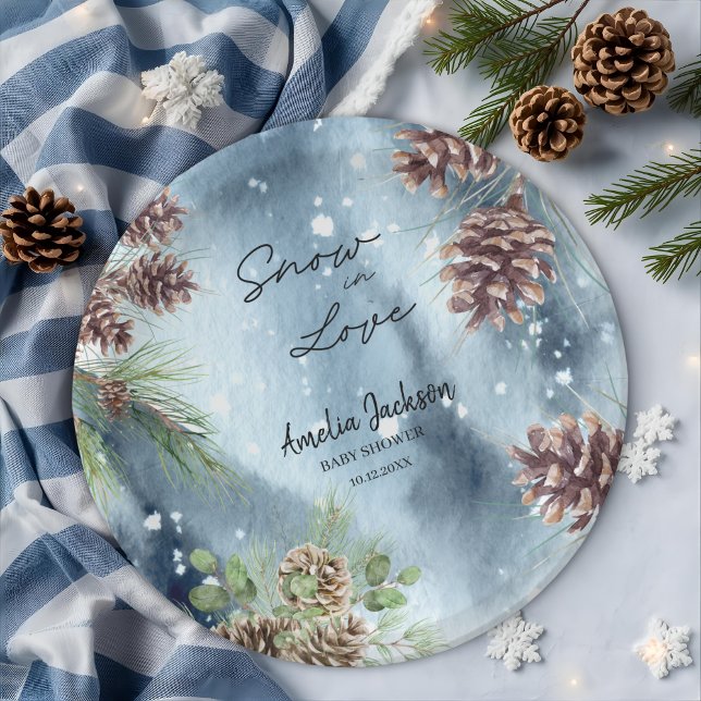 Assiettes En Carton Neige amoureuse pins neigeux hiver nuptiale douche (Créateur téléchargé)