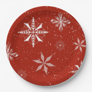 Assiettes En Carton Neige blanche sur toile rouge