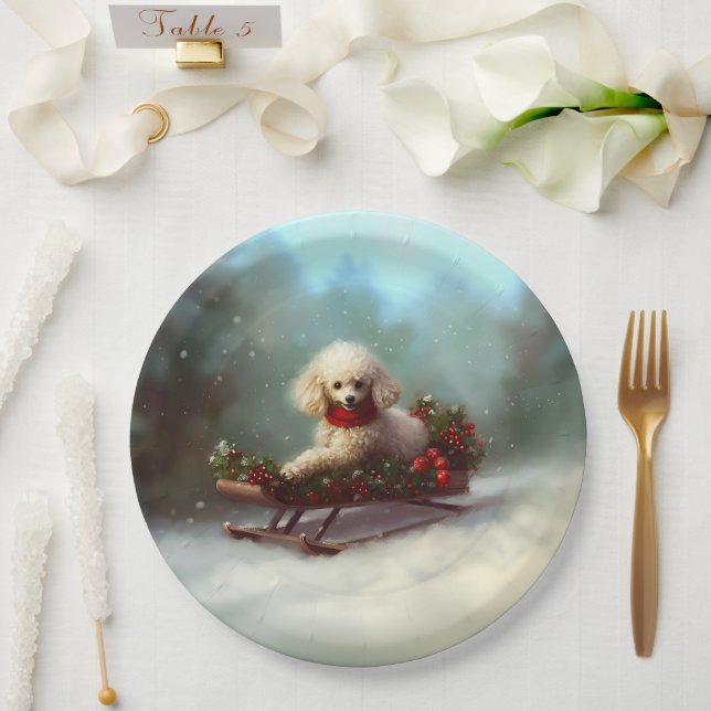 Assiettes En Carton Neige de Noël caniche hiver (Mariage)