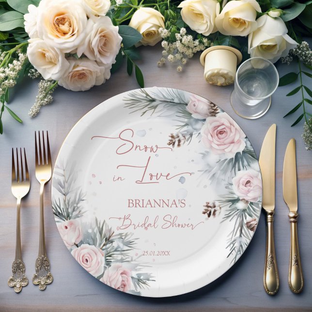 Assiettes En Carton Neige en amour pins enneigés douche de mariée d'hi (Snow in love snowy pines roses winter bridal shower personalized paper plates customized table decor)
