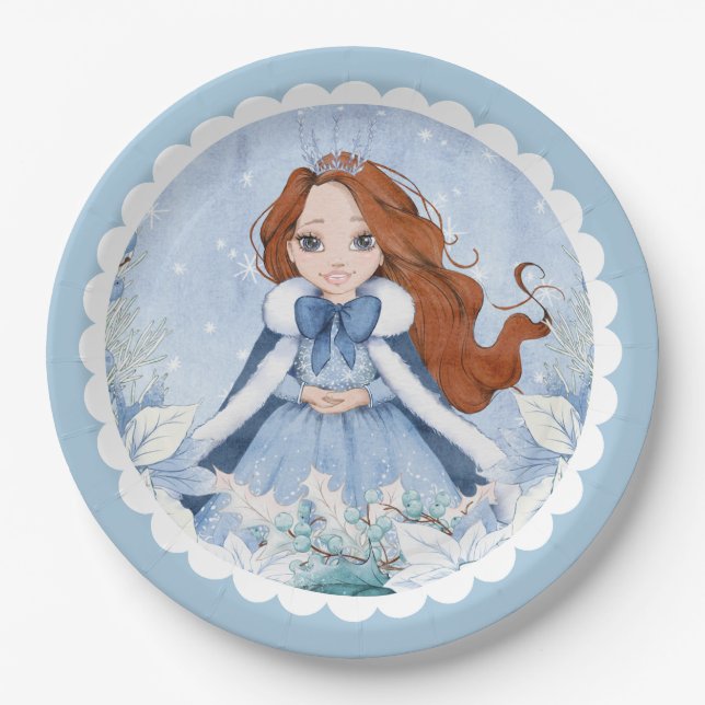 Assiettes En Carton Neige hiver rouge tête princesse Anniversaire (Devant)