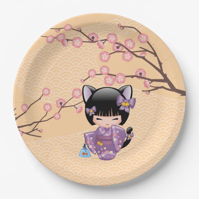 Assiettes En Carton Neko Kokeshi Poupée - Cat Ears Geisha Girl (Devant)
