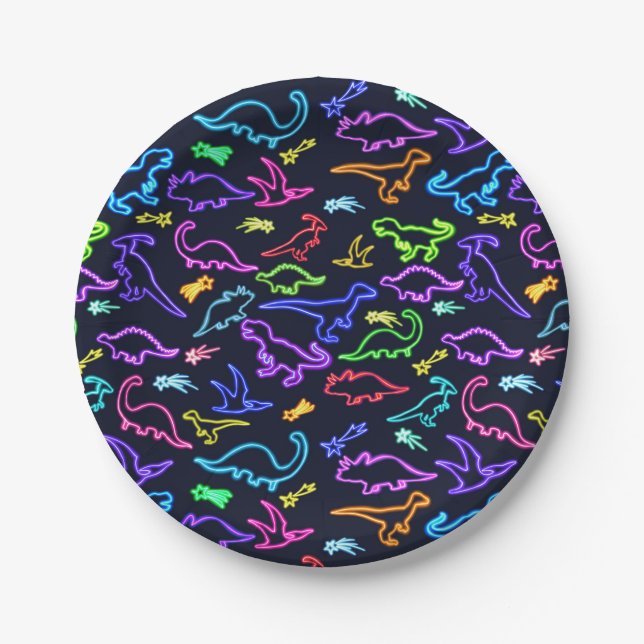 Assiettes En Carton Neon Dinosaures (Devant)
