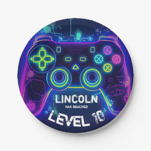Assiettes En Carton Neon Gamer Arcade Video Game Level Up Anniversaire