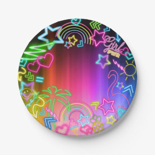 Assiettes En Carton Neon Glow in Dark, Rainbow Cheetah print