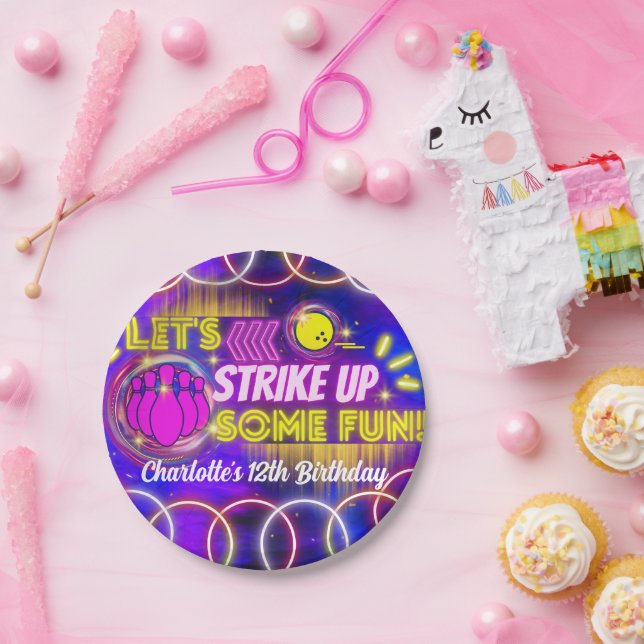 Assiettes En Carton Neon Glow Purple Girl's Bowling Birthday Party (Fête)