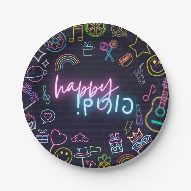 Assiettes En Carton Neon Purim (Devant)