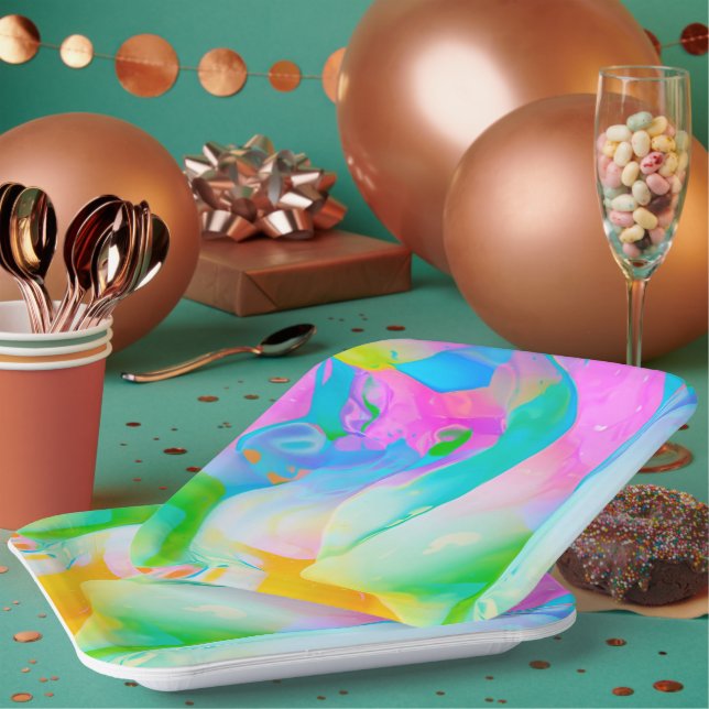 Assiettes En Carton Neon Rainbow Fluid Abstrait (Multi)