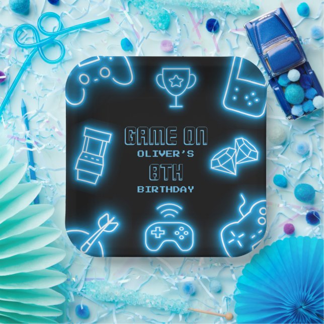 Assiettes En Carton Neon Toute année jeux vidéo anniversaire (Fête)