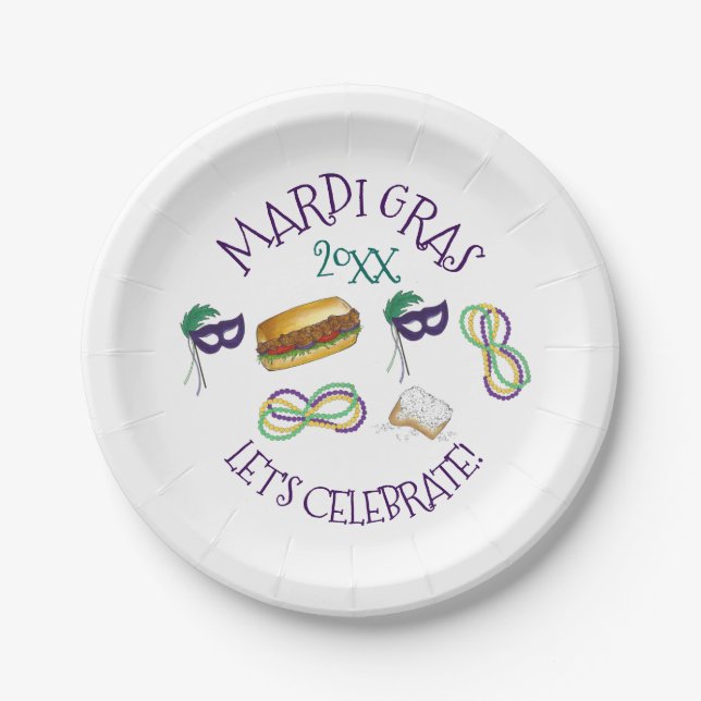 Assiettes En Carton New Orleans Mardi Gras Beignet Beads Mask Po'Boy (Devant)