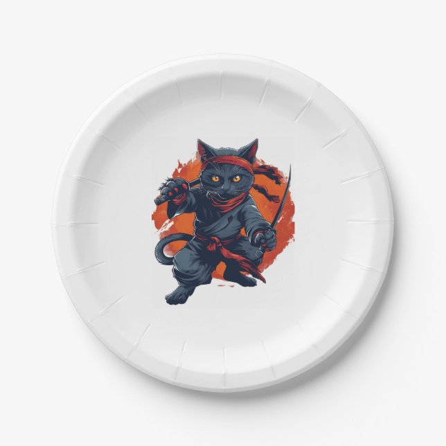 Assiettes En Carton Ninja Chat furtive (Devant)