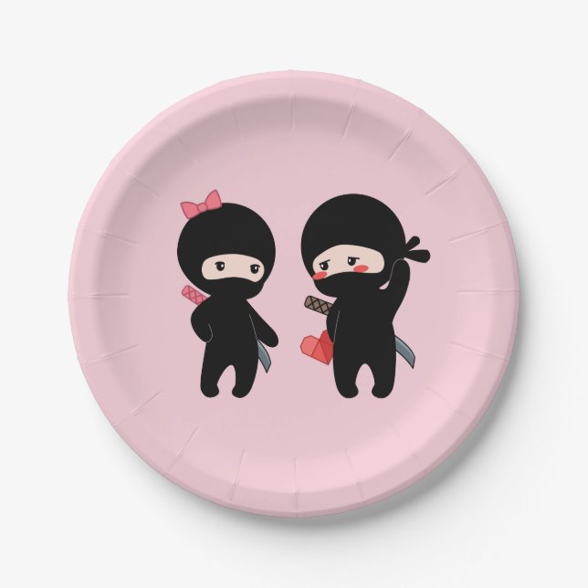 Assiettes En Carton Ninja Pair, un garçon et une fille en rose (Devant)
