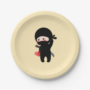 Assiettes En Carton Ninja Timide Rougissant Tenant un Cœur en Papier O