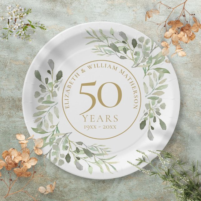 Assiettes En Carton Noces d'or aquarelle verdure (50th Wedding Anniversary Watercolor Greenery Paper Plates)
