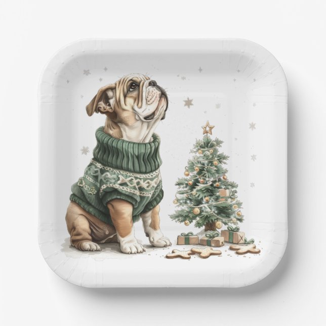 Assiettes En Carton Noël Anglais Chien de Noël Arbre (Recto)