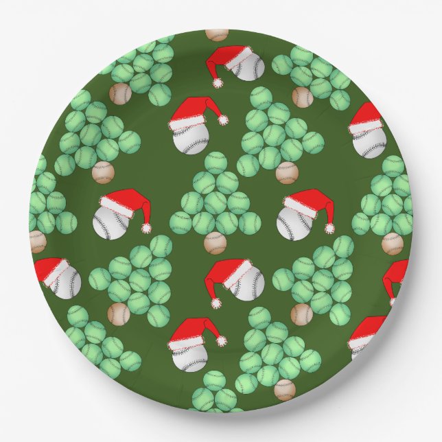 Assiettes En Carton Noël Arbre Baseball Chapeaux de Père Noël (Devant)
