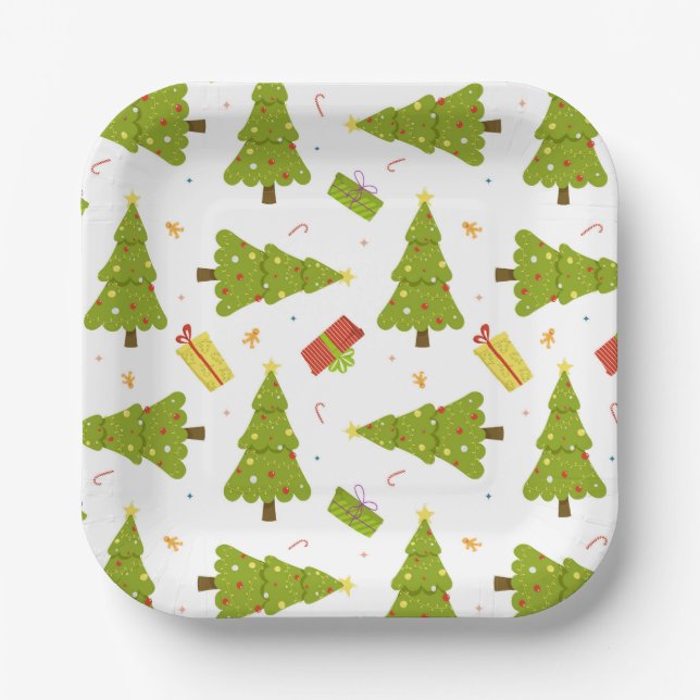 Assiettes En Carton Noël Arbres Cadeaux Moderne Whimsical Mignet hiver (Recto)
