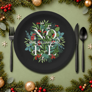 Assiettes En Carton NOEL Baies Verdure Noël Noir