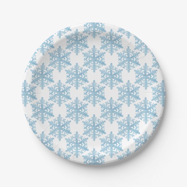 Assiettes En Carton Noël bleu clair Aquarelle Snowflakes Motif (Devant)