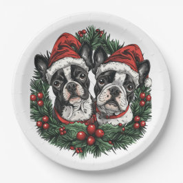 Assiettes En Carton Noël Boston Terrier Chiens de vacances Wreath