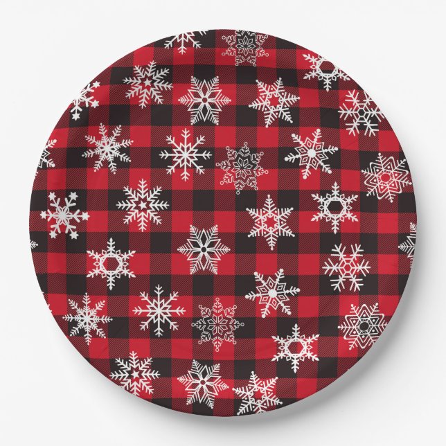 Assiettes En Carton Noël Buffalo rouge flocons de neige plaid motif (Devant)