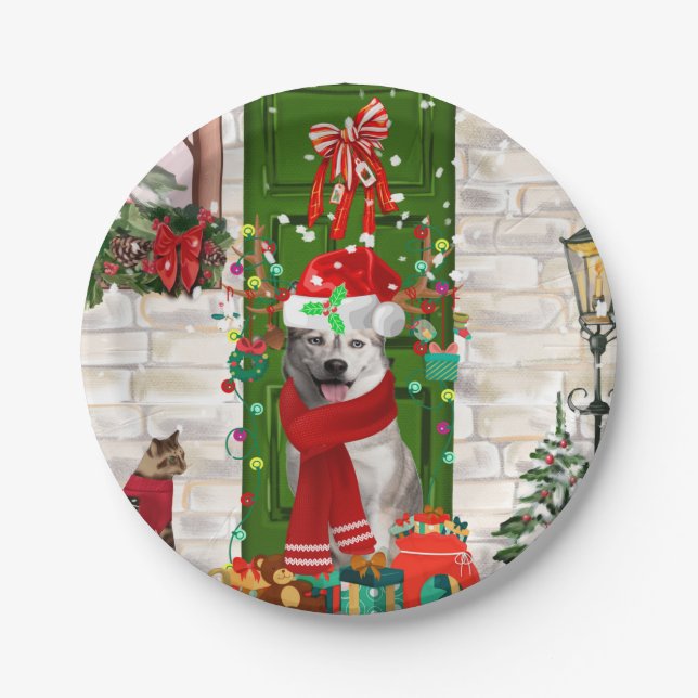 Assiettes En Carton Noël de Chien Husky Sibérien (Devant)