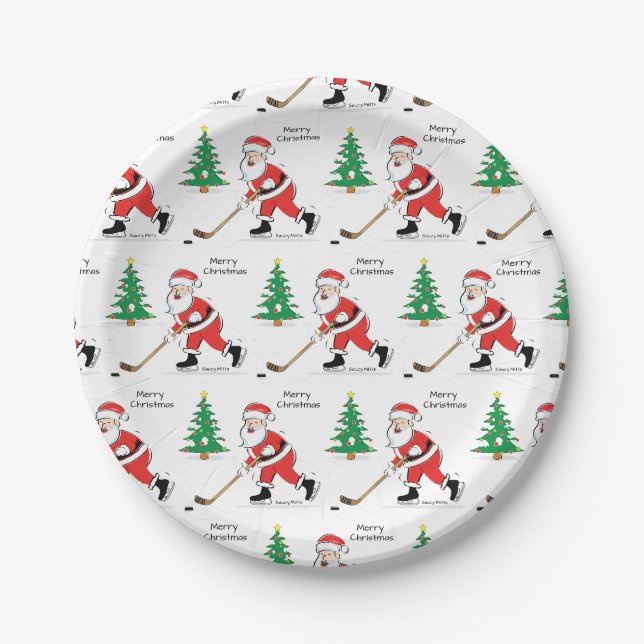 Assiettes En Carton Noël de Hockey Père Noël (Devant)