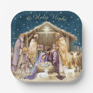 Assiettes En Carton Noël de la crèche à l'aquarelle