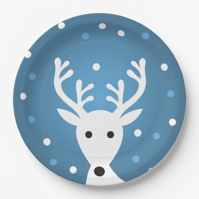 Assiettes En Carton Noël de Noël bleu renne (Devant)