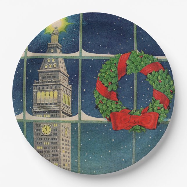 Assiettes En Carton Noël des années 1950 dans la ville (Devant)