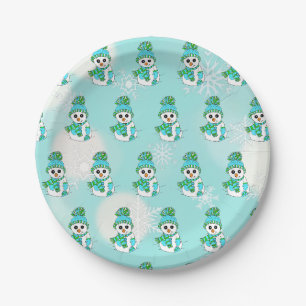 Assiettes En Carton Noël des Snowman et des Snowflakes Turquoises