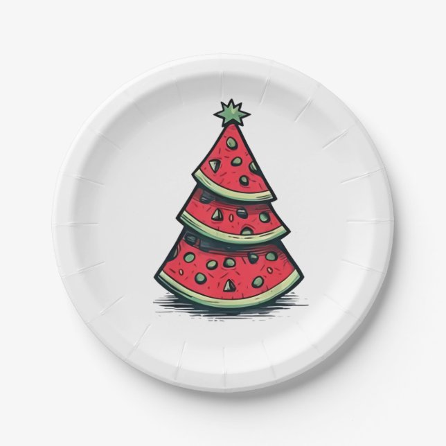 Assiettes En Carton Noël en juillet Pastèque Arbre de Noël (Devant)