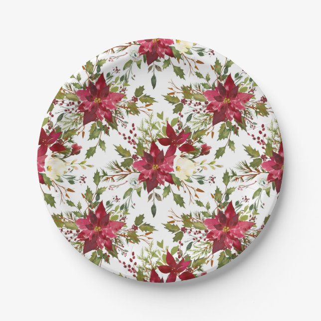 Assiettes En Carton Noël Fête Poinsettia Fleur hiver Floral (Devant)