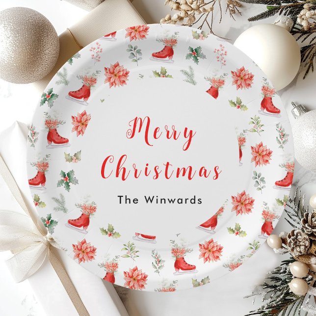 Assiettes En Carton Noël Floral Red Ice Patins Joyeux Noël (Créateur téléchargé)