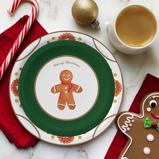 Assiettes En Carton Noël Gingerbread Cookie personnalisable (Cute Christmas Gingerbread Man Paper Plate with Green Border)